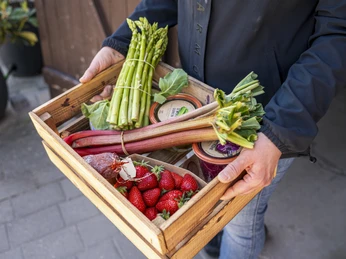 saisonale Kiste mit Spargel aus dem Hofladen des Spargelhofes Heuerseasonal box of asparagus from the Heuer asparagus farm shopcaisse saisonnière d'asperges provenant du magasin de la ferme d'asperges Heuer