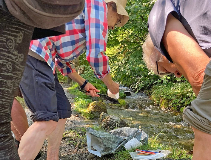 Research at the source Exkursionsteilnehmende bücken sich über eine Quelle und untersuchen das WasserExcursion participants bend over a spring and examine the waterLes participants à l'excursion se penchent au-dessus d'une source et examinent l'eau.