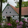 Hof Husemeyer Fachwerkhaus mit rotem Dach, prächtigen Rododendren im Vordergrund und grünen Bäumen im Hintergrund.