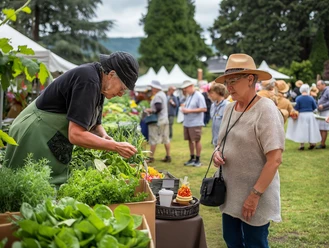 Pressebild Gartenfest (KI).jpg Frau inspiziert Pflanzen an einem Marktstand auf einem belebten Gartenfest. Menschen im Hintergrund.