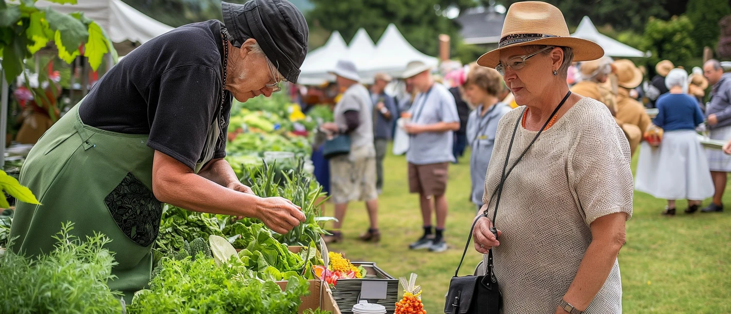 Pressebild Gartenfest (KI).jpg Frau inspiziert Pflanzen an einem Marktstand auf einem belebten Gartenfest. Menschen im Hintergrund.