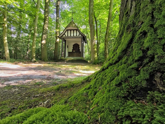 Eine kleine Kapelle steht friedlich im Wald, umgeben von Bäumen und Moosbewuchs im Vordergrund.