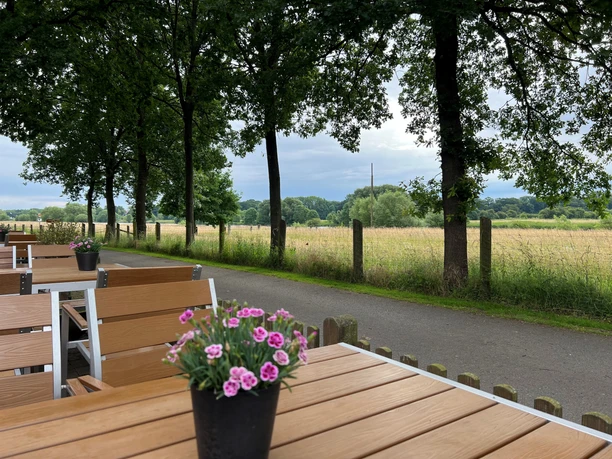Café Weserscheune Holzbestuhlte Terrasse mit Blick in die Natur, umrahmt von Bäumen und einem vorbeiführenden Weg.