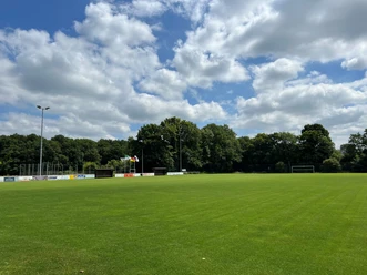 Sportplatz Gristede.jpg Weitläufiger, grün gehaltener Fußballplatz unter blauem Himmel mit Wolken, umgeben von Bäumen.