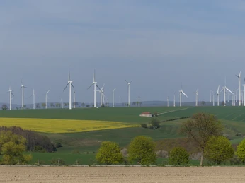 Windkraftanlagen auf der Paderborner Hochfläche Windkraftanlagen stehen auf einer sanften Hügellandschaft mit Feldern und vereinzelten Bäumen.