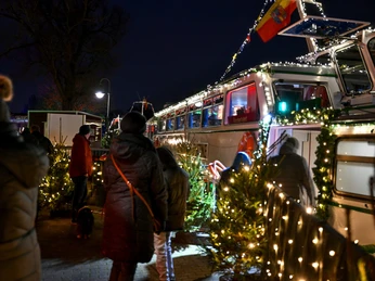 Schiffsweihnacht, Mülheim an der Ruhr Menschen schlendern abends an festlich beleuchteten Schiffen vorbei, umgeben von Tannenbäumen.