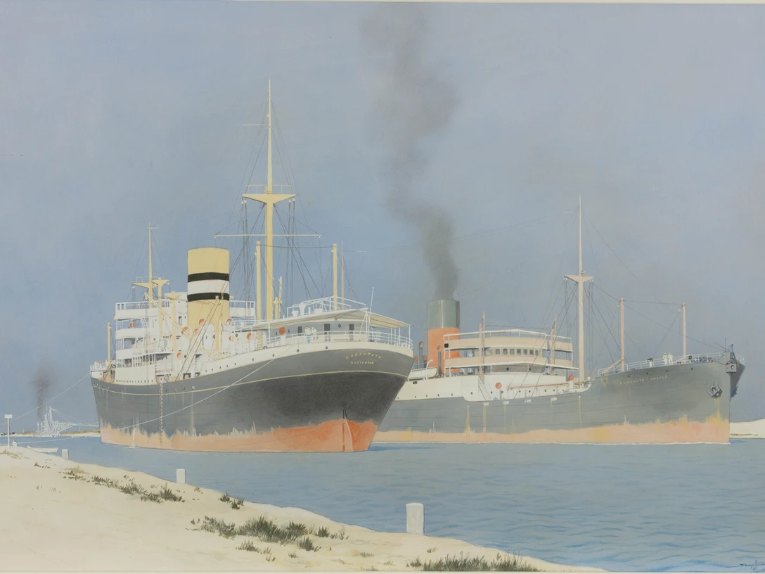 Frachtschiffe Drechtdyck und Sandgate Castle, Gemälde, Sammlung Philipp Keller, Verkehrsarchiv, Verkehrshaus der Schweiz, Inv. VA-41001 © Photo Andri Stadler, Luzern