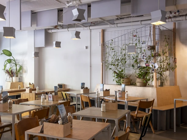 Kaffeesaurus View of the modern café with light wood furniture and plants.