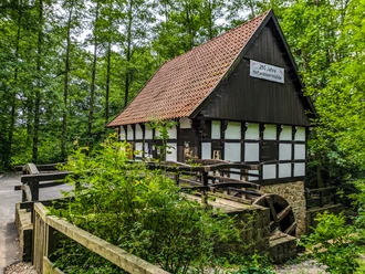 Museumshof Wassermühle Bd Oeynhausen Eine historische Fachwerk-Wassermühle umgeben von üppiger Natur und dichten Bäumen im Museumshof.