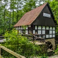 Museumshof Wassermühle Bd Oeynhausen Eine historische Fachwerk-Wassermühle umgeben von üppiger Natur und dichten Bäumen im Museumshof.