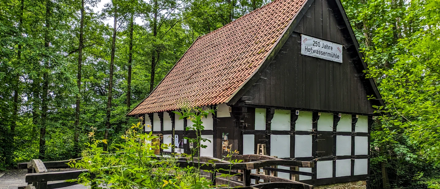 Museumshof Wassermühle Bd Oeynhausen Eine historische Fachwerk-Wassermühle umgeben von üppiger Natur und dichten Bäumen im Museumshof.