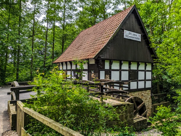 Museumshof Wassermühle Bd Oeynhausen Eine historische Fachwerk-Wassermühle umgeben von üppiger Natur und dichten Bäumen im Museumshof.