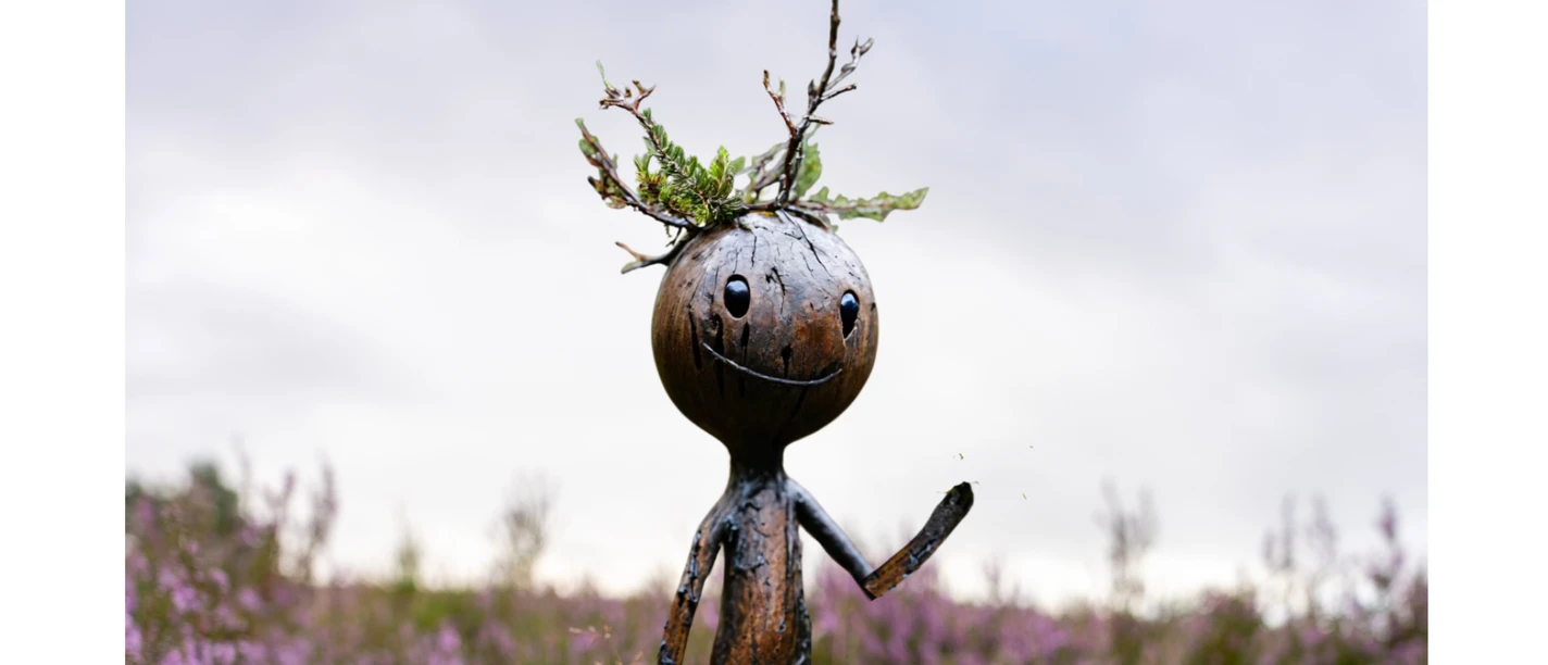 Floki, a smiling wooden figure with twigs on his head, waves from among the purple-blooming heather.