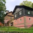 Baude Großer Winterberg Zwei traditionelle Häuser mit rosa und schwarzer Fassade stehen auf einem grünen Hügel, umgeben von Bäumen unter einem bewölkten Himmel.