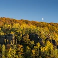 Great Winter Mountain in autumn Herbstliche Landschaft mit buntem Laubwald und Felsen im Vordergrund, Halbmond am klaren blauen Himmel.Autumnal landscape with colorful deciduous forest and rocks in the foreground, crescent moon in the clear blue sky.Podzimní krajina s barevným listnatým lesem a skalami v popředí, půlměsíc na jasně modré obloze.Jesienny krajobraz z kolorowym lasem liściastym i skałami na pierwszym planie, półksiężyc na czystym, błękitnym niebie.Herfstlandschap met kleurrijk loofbos en rotsen op de voorgrond, maansikkel in de helderblauwe lucht.Paesaggio autunnale con foresta di latifoglie colorate e rocce in primo piano, luna crescente nel cielo azzurro.