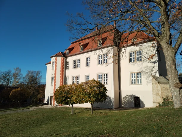 Schloss Struppen Ein weißes Herrenhaus mit roten Dächern, umgeben von Bäumen und grünem Rasen, bei klarem, sonnigem Wetter.