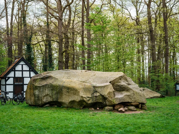 Großer Stein Tonnenheide Naturdenkmal Großer Stein in Tonnenheide vor Fachwerkhaus, umgeben von dichten, grünen Bäumen.