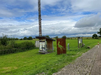 Rastplatz Windheim Rastplatz mit überdachtem Infostand und einer stilisierten Kranichskulptur, umgeben von grünen Wiesen.