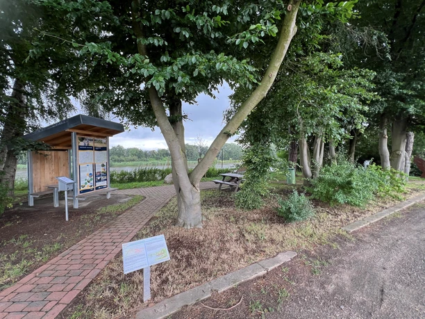 Rastplatz Heimsen Rastplatz an einem Baum nahe einem Infopavillon, mit Blick auf einen nahegelegenen Fluss.
