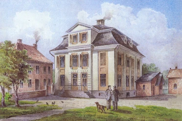 „Inspectionsgebäude in Meppen“, Aquarell von Friedrich Zeller um 1880. Historisches Verwaltungsgebäude mit klassizistischer Fassade, zwei Männern und Hund im Vordergrund