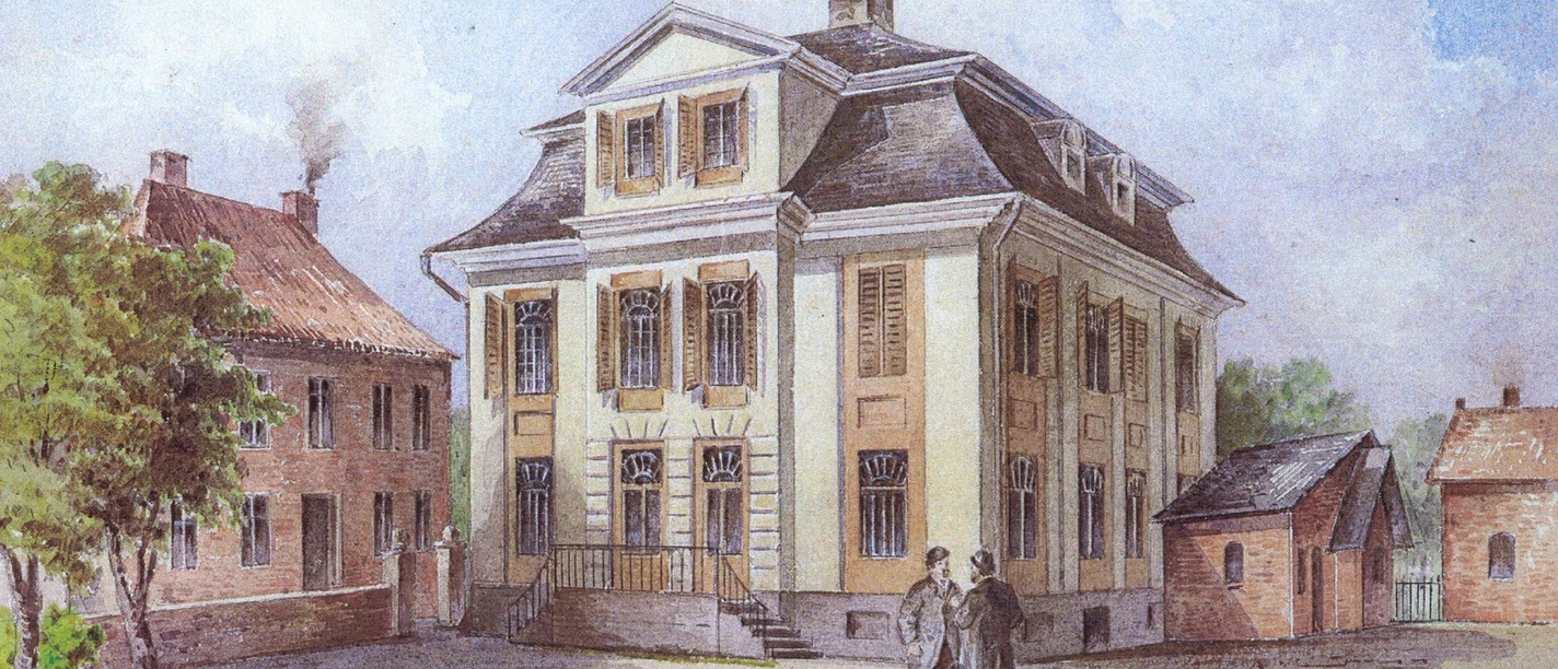 „Inspectionsgebäude in Meppen“, Aquarell von Friedrich Zeller um 1880. Historisches Verwaltungsgebäude mit klassizistischer Fassade, zwei Männern und Hund im Vordergrund