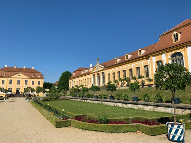 Barockgarten Großsedlitz Gebäude des Barockgarten Großsedlitz, im Vordergrund Rasen, Beete und Bäume, bei Sonnenschein.