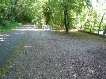 Ein schattiger Rad- und Wanderweg mit Fahrradständern im Grünen, umgeben von dichten Bäumen.