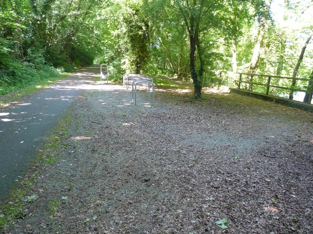 P1110082.JPG Ein schattiger Rad- und Wanderweg mit Fahrradständern im Grünen, umgeben von dichten Bäumen.