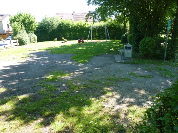 Grüner Spielplatz mit Schaukel, Wipptier und Abfalleimer, umgeben von Büschen und Bäumen.