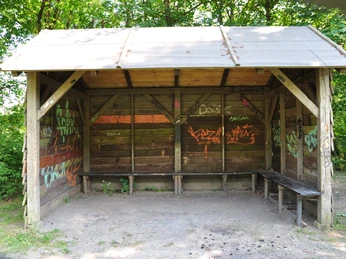 DSC_0442.JPG Holzunterstand im Wald mit Bänken und Graffiti an den Wänden, umgeben von Bäumen.