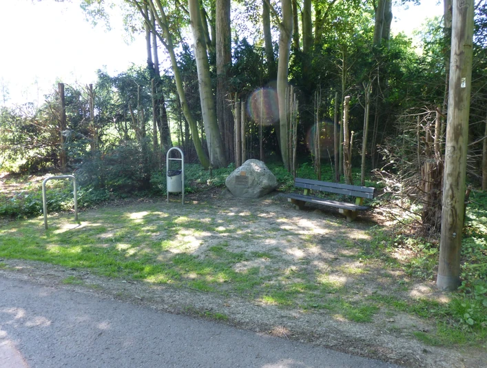 P1120361.JPG Ein schattiger Rastplatz mit Bank und Mülleimer, umgeben von Bäumen und Sträuchern am Wegesrand.