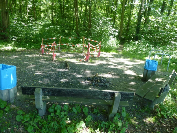 Zwei Parkbänke und Müllbeutelspender an einer abgesperrten Feuerstelle in einem dicht bewachsenen Wald.