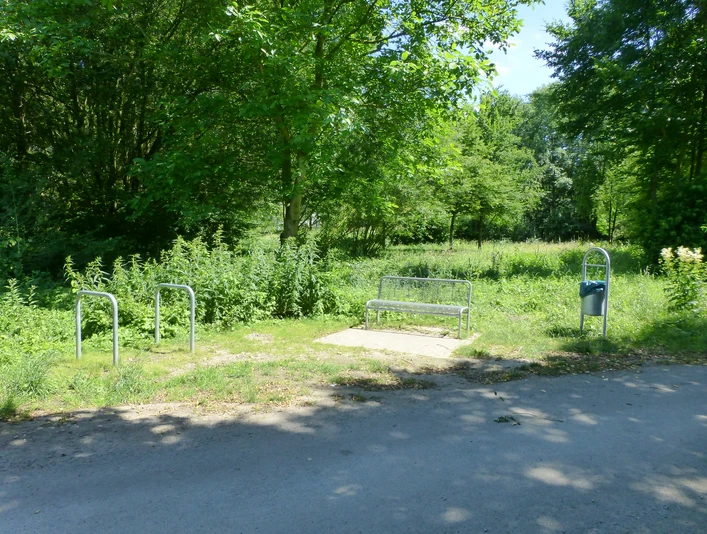 P1120770.JPG Eine Bank auf einem schattigen Platz am Waldrand, umgeben von dichtem Grün und einem Fahrradständer.