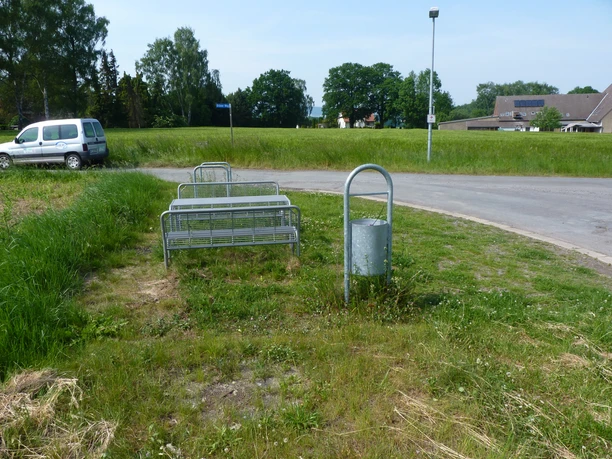 P1100948.JPG Drei leere Fahrradständer und ein Mülleimer stehen auf einer grasbewachsenen Fläche am Straßenrand.