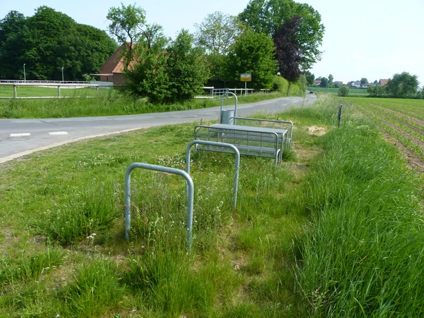 P1100947.JPG Eine Landstraße gesäumt von grünen Feldern und Bäumen, im Vordergrund Metallsperren und hohe Gräser.