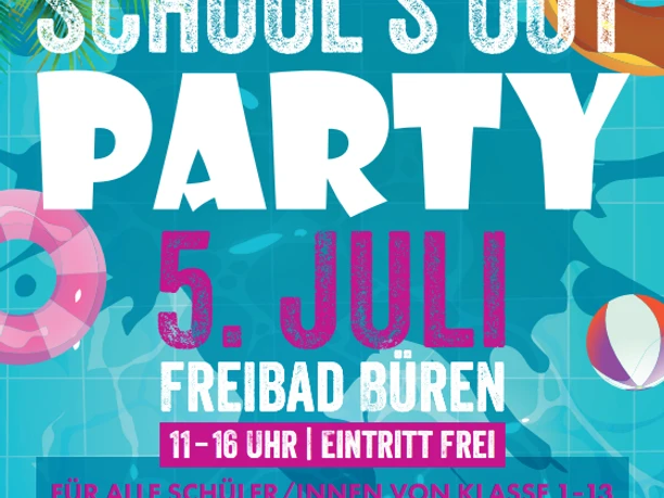School's Out Party Plakat.PNG Plakat für die "School's Out Party" am 5. Juli im Freibad Büren, Eintritt frei, 11-16 Uhr.