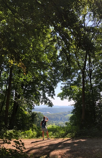 Burgweg mit Brockenblick Wanderin blickt durch Waldrand ins weite Tal, Sonnenlicht fällt durch dichtes Blätterdach.