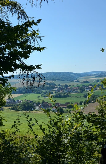 Burgweg Taubergsruh Blick durch Bäume auf grüne Felder und ein Dorf im Tal bei Einbeck unter blauem Himmel.