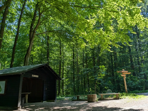 Burgweg Hube Schwarze Holzhütte im grünen Stadtwald Hube bei Einbeck mit Sitzbank und Wegweisern im Sonnenschein.
