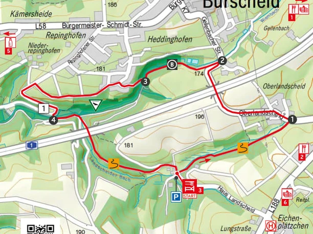 Wegbeschreibung Vom alten Rittersitz zur Lambertsmühle.jpg Karte von Burscheid mit Wander- und Fahrradwegen, markierten Strecken und Sehenswürdigkeiten.