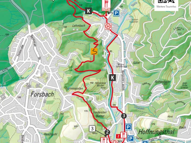 Wegbeschreibung Bergpfade, Fachwerk und Sülzaue.jpg Karte zeigt Wanderweg im Königsforst mit Start und Ziel, markiert durch Symbole für Parkplätze und Rastplätze.