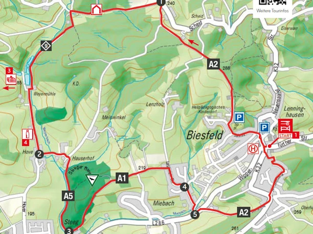 Wegbeschreibung Domblick, Mühle und Dorfidylle.jpg Wanderkarte für den Biesfeld-Kolpingweg: zeigt Routen, Landschaften und touristische Points-of-Interest.