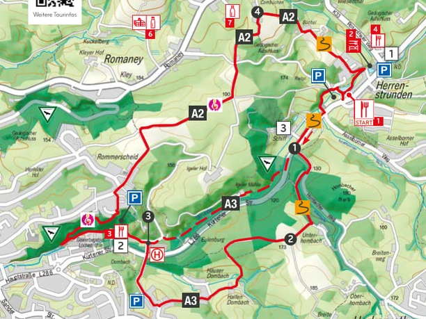 Wegbeschreibung Mühlen, Burg und Musik am fleißigen Bach.jpg Wanderkarte von Bergisch Gladbach mit Routen und Sehenswürdigkeiten, umgeben von Grünflächen.