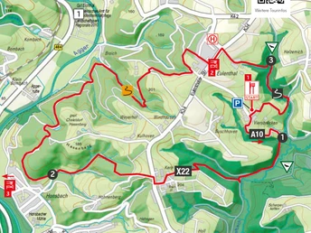 Wegbeschreibung Zwischen Naafbach und Agger.jpg Wanderkarte von Overath, zeigt Routen und Sehenswürdigkeiten in einer ländlichen Umgebung.