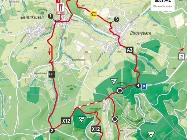 Wegbeschreibung Pferde, Kräuter und eine frühere Raketenabschussbasis.jpg Karte zeigt eine Wanderroute in grünem, hügeligem Gelände, beginnend in Geilenkausen über Bladersbach.