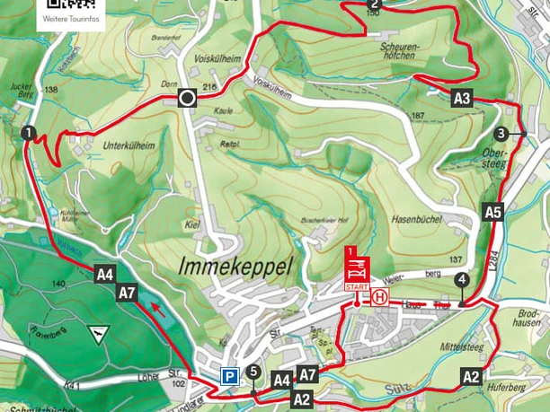 Wegbeschreibung Büffel, Bergbauspuren und ein Dom im Sülztal.jpg Wanderkarte von Immekeppel: Route in hügeliger Landschaft mit Startpunkten, Rastplätzen und Aussichtspunkten.