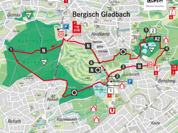 Wegbeschreibung Zwischen Golfplatz und Naturparadies.jpg Karte von Bergisch Gladbach zeigt Wanderwege und Sehenswürdigkeiten, u.a. Schloss Bensberg und Gronau.