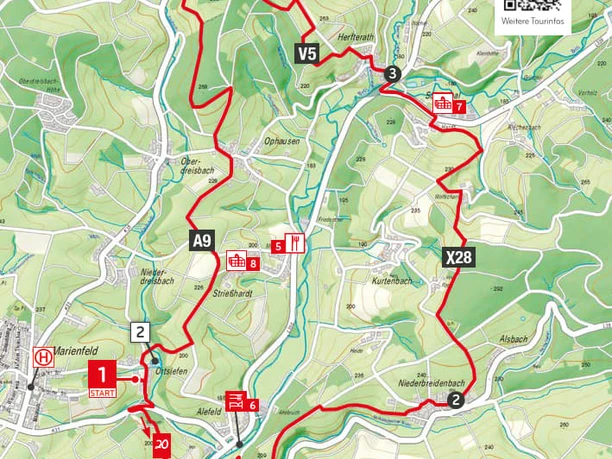 Wegbeschreibung Alpakas, Böll und schöne Aussichten.jpg Rad- und Wanderkarte der Region rund um Marienfeld mit markierten Streckenabschnitten und Sehenswürdigkeiten.