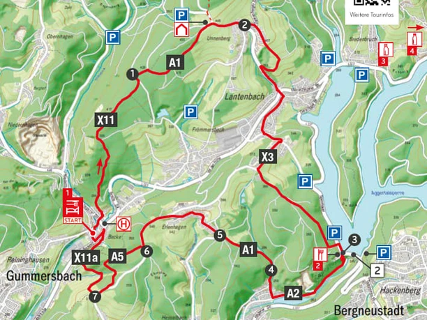 Wegbeschreibung Zum Unnenberg und an die Staumauer der Aggertalsperre.jpg Wanderroute auf einer Karte um Gummersbach, mit markierten Parkplätzen und Sehenswürdigkeiten.