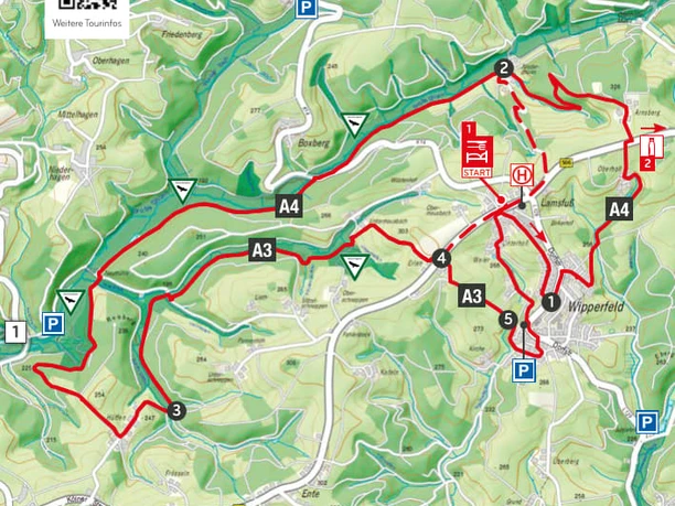 Wegbeschreibung Zwischen Großer Dhünn und Wipperfeld.jpg Karte zeigt Wanderroute in Wipperfeld, Oberbergischer Kreis, durch bewaldete Hügel und Dorfgebiete.